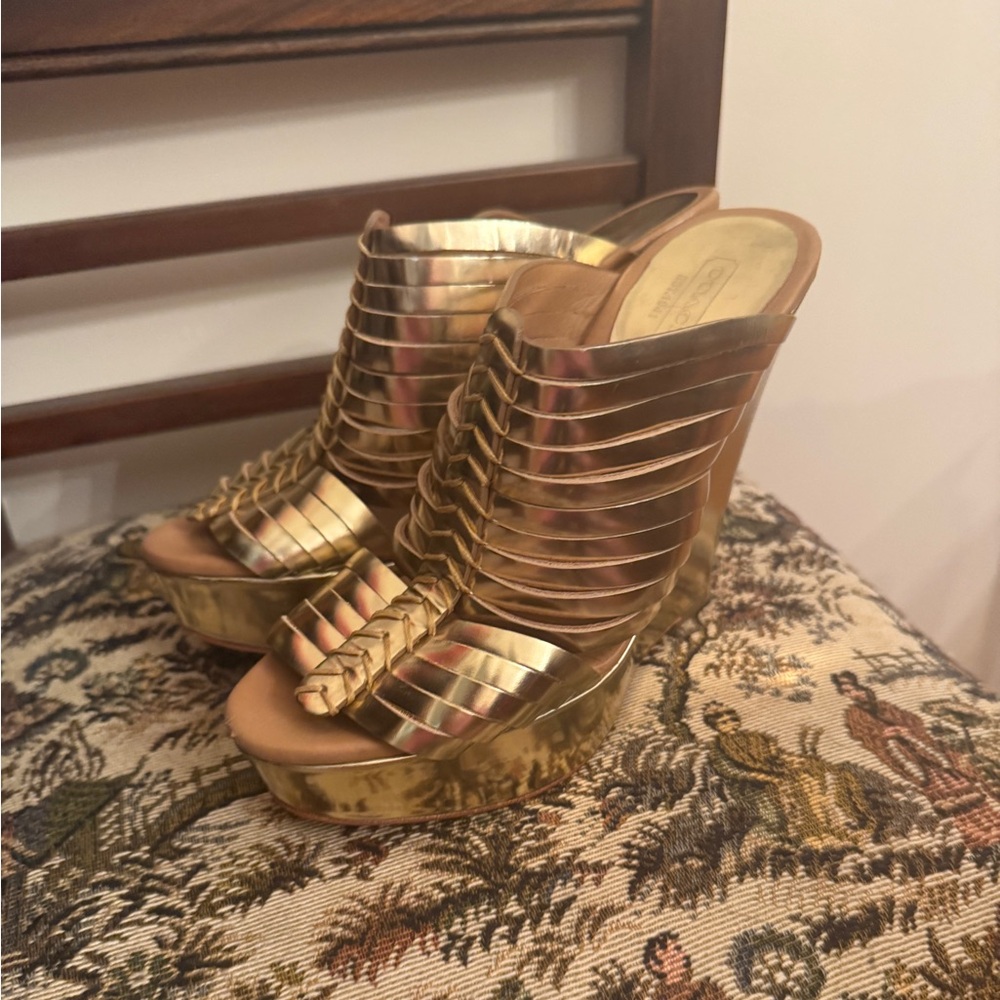 Coach Bristol Gold Mirror Metallic Wedge Sandals Size 7B - Picture 10 of 15